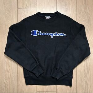 Champion Reverse Weave Crewneck Sweatshirt Black Blue Script Logo Size Small